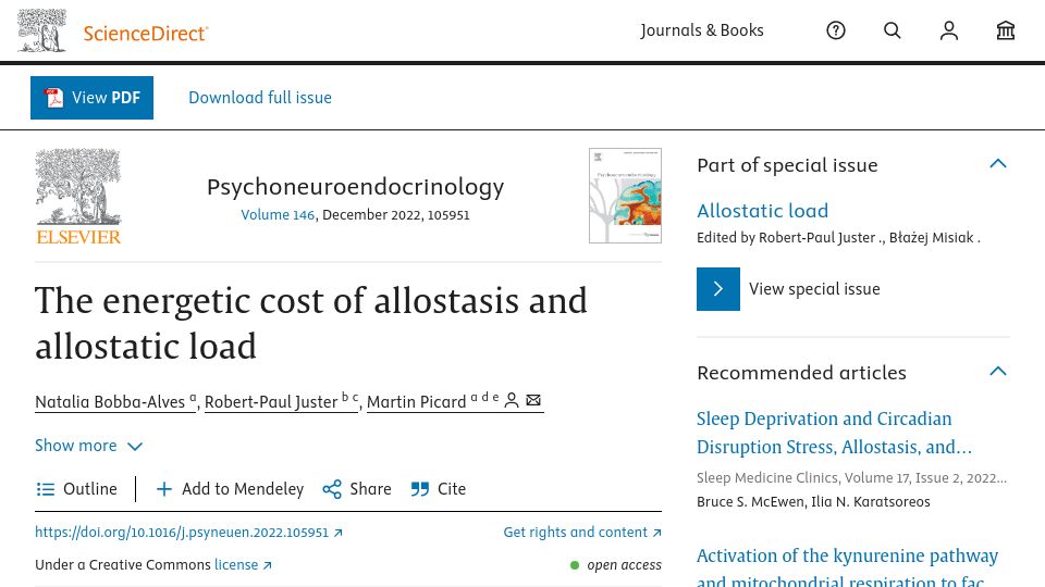 Screenshot of sciencedirect.com: Energy-based model explains how chronic stress transforms into disease over time