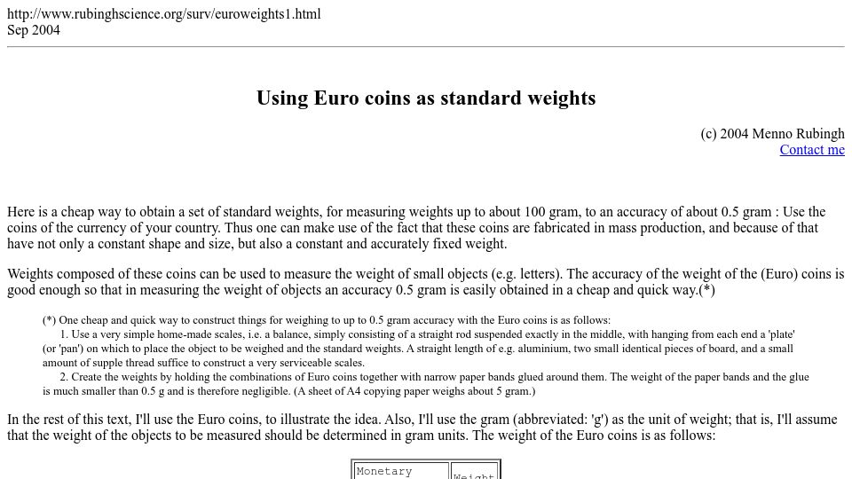 Screenshot of rubinghscience.org: Using Euro coins as weights (2004)