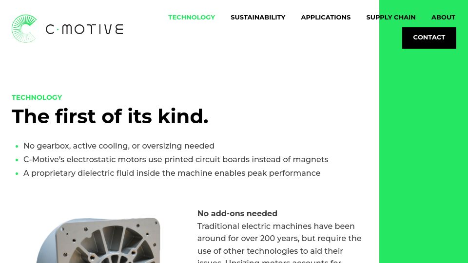 Screenshot of c-motive.com: C-Motive's electrostatic motors use printed circuit boards instead of magnets