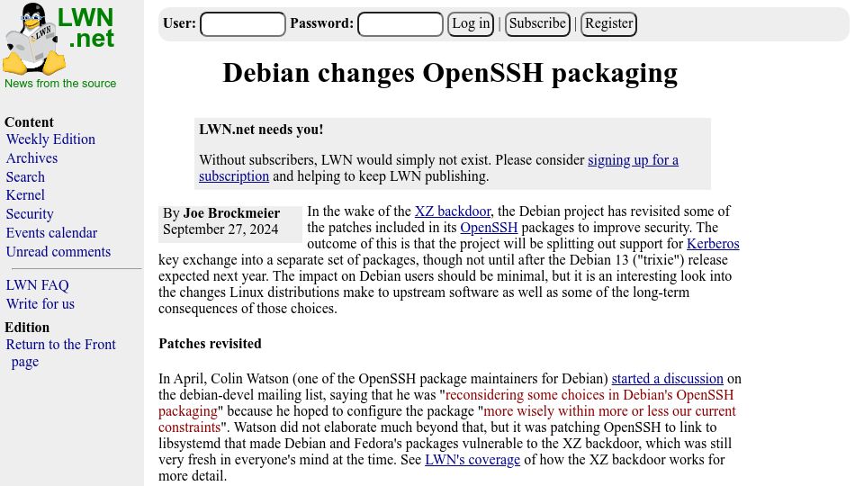Screenshot of lwn.net: Debian Changes OpenSSH Packaging