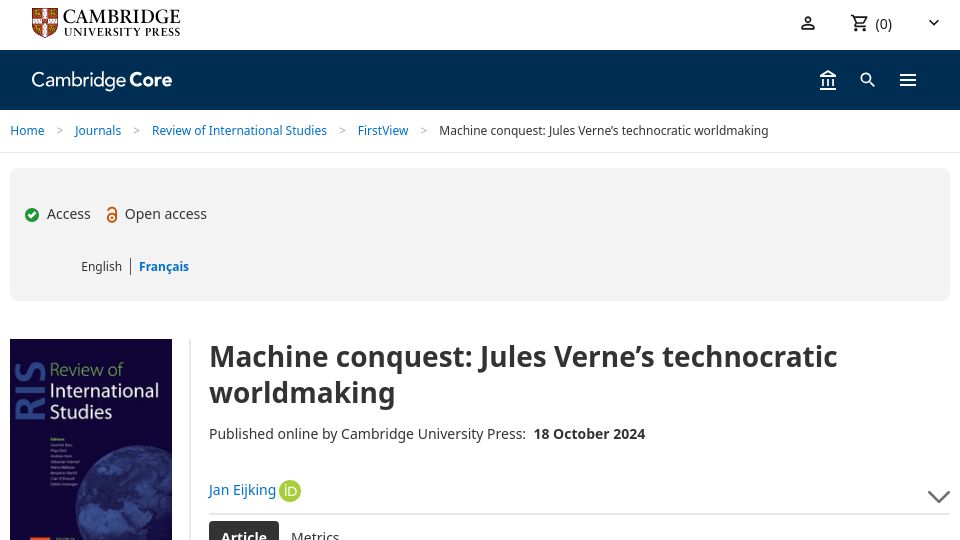 Screenshot of cambridge.org: Machine conquest: Jules Verne's technocratic worldmaking