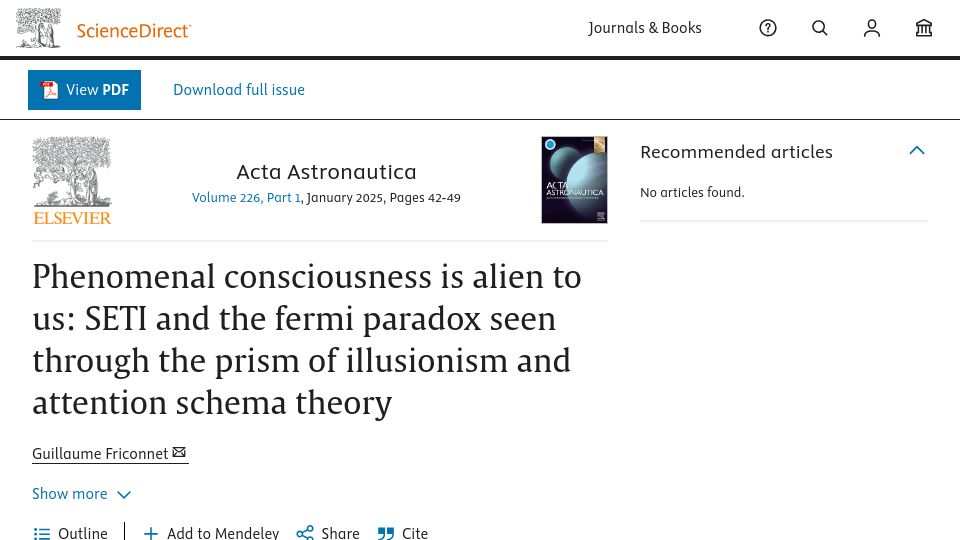 Screenshot of sciencedirect.com: Phenomenal consciousness is alien to us: SETI and the Fermi paradox