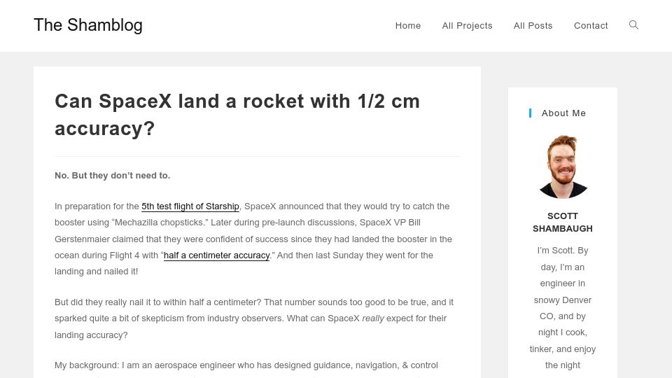 Screenshot of theshamblog.com: Can SpaceX land a rocket with 1/2 cm accuracy?
