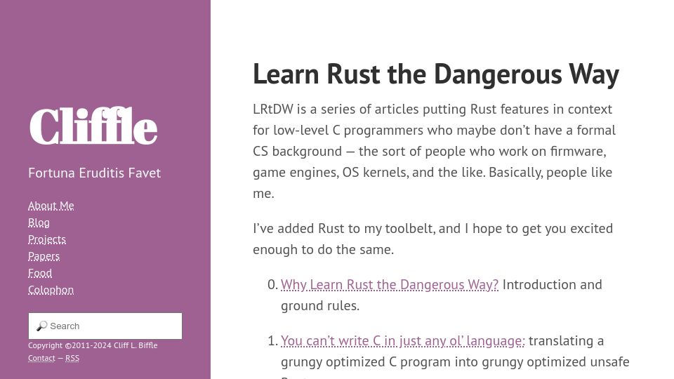 Screenshot of cliffle.com: Learn Rust the Dangerous Way