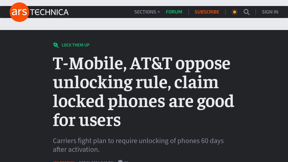 Screenshot of arstechnica.com: T-Mobile, AT&T oppose unlocking rule, claim locked phones are good for users