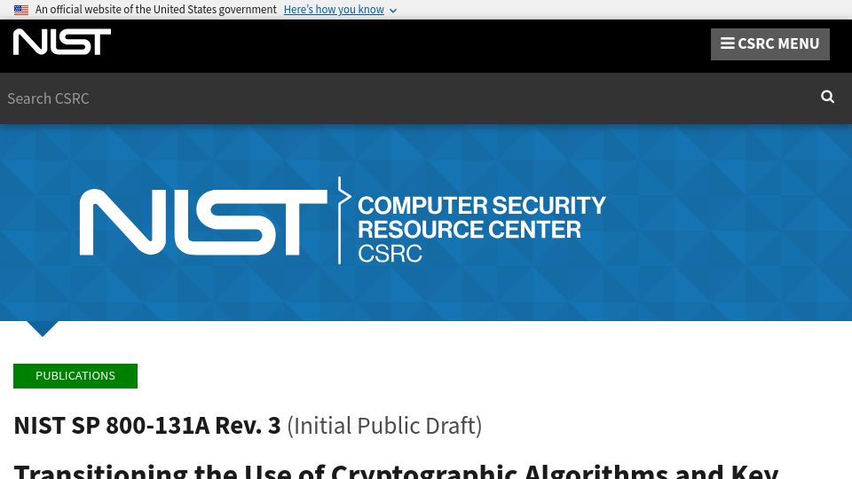 Screenshot of csrc.nist.gov: Transitioning the Use of Cryptographic Algorithms and Key Lengths