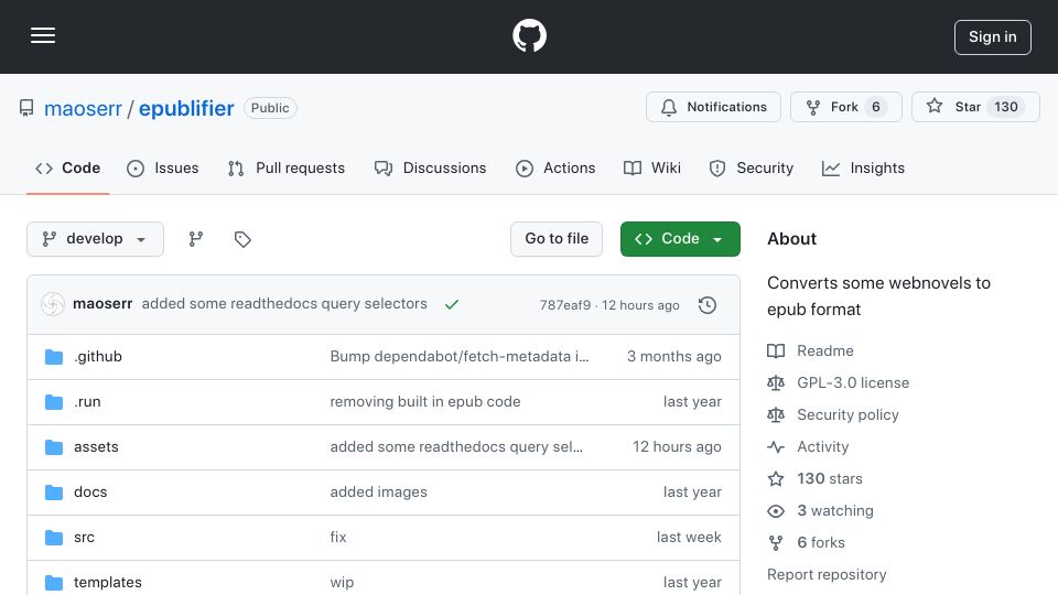 Screenshot of github.com: Show HN: Epublifier – scrape pages (books, manuals) for offline reading