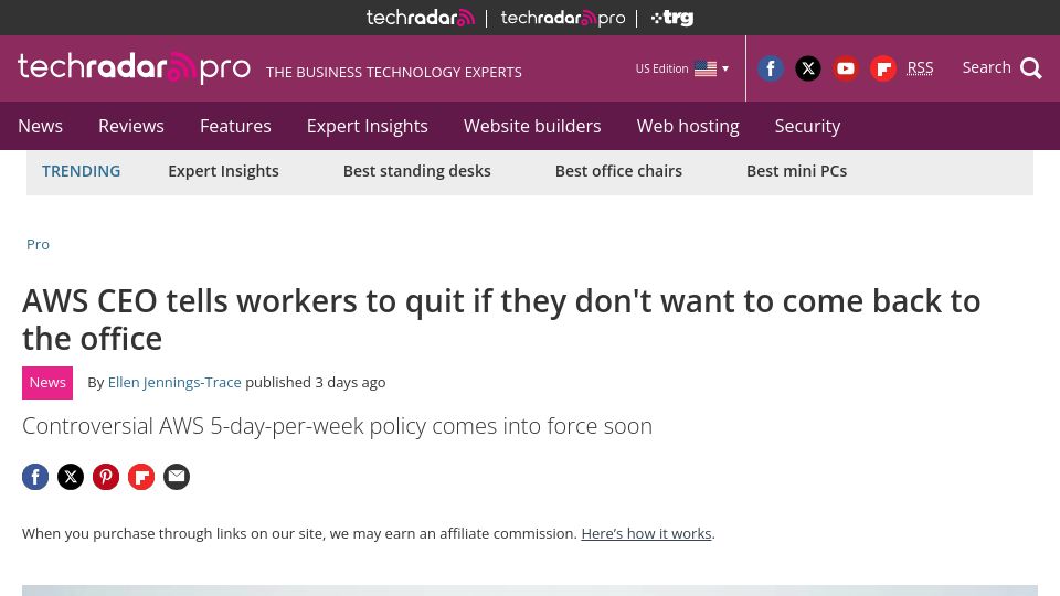 Screenshot of techradar.com: AWS CEO tells workers to quit if they don't want to come back to the office
