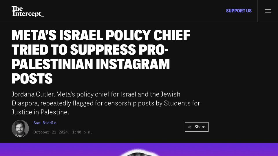 Screenshot of theintercept.com: Meta's Israel Policy Chief tried to suppress pro-Palestinian posts
