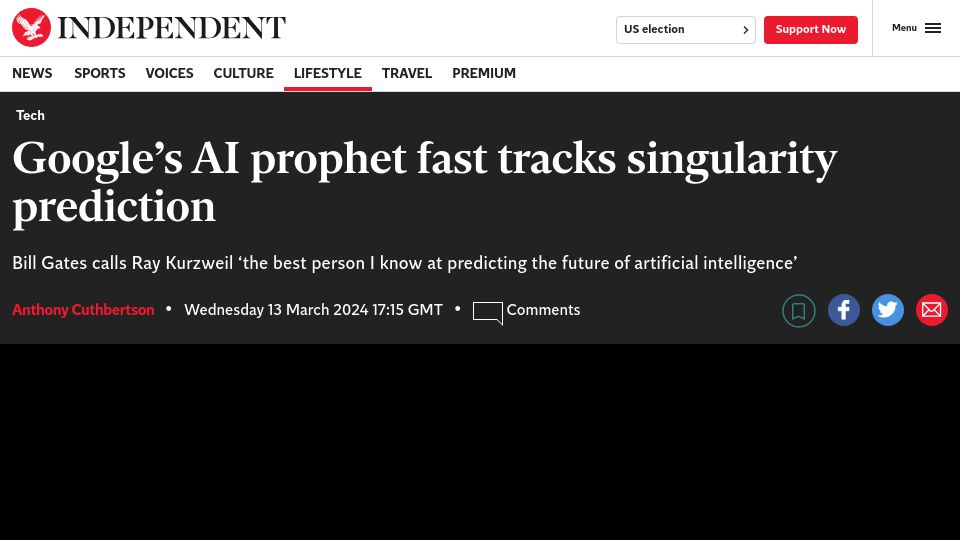 Screenshot of independent.co.uk: Google's AI prophet fast tracks singularity prediction