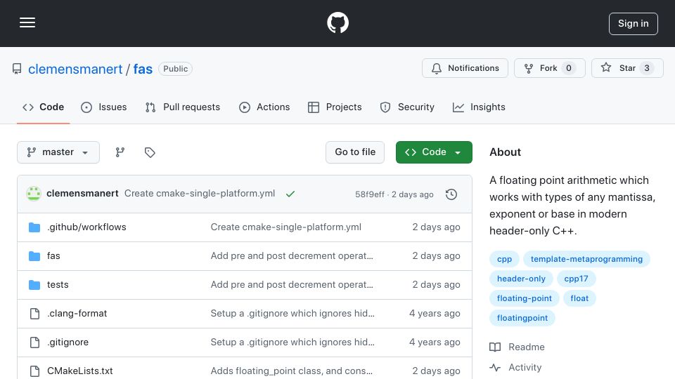 Screenshot of github.com: Show HN: Floating point arithmetic types in C++ for any size and any base