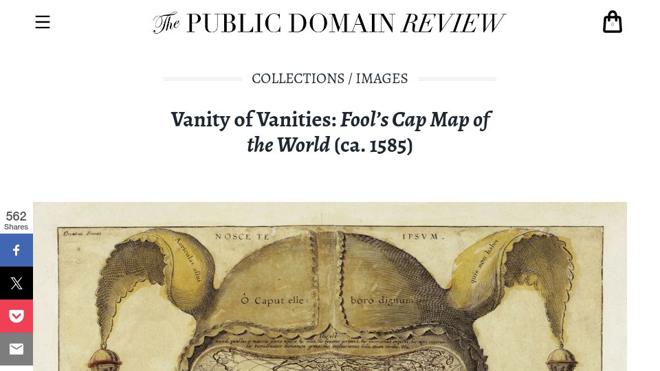Screenshot of publicdomainreview.org: Vanity of Vanities: Fool's Cap Map of the World (Ca. 1585)