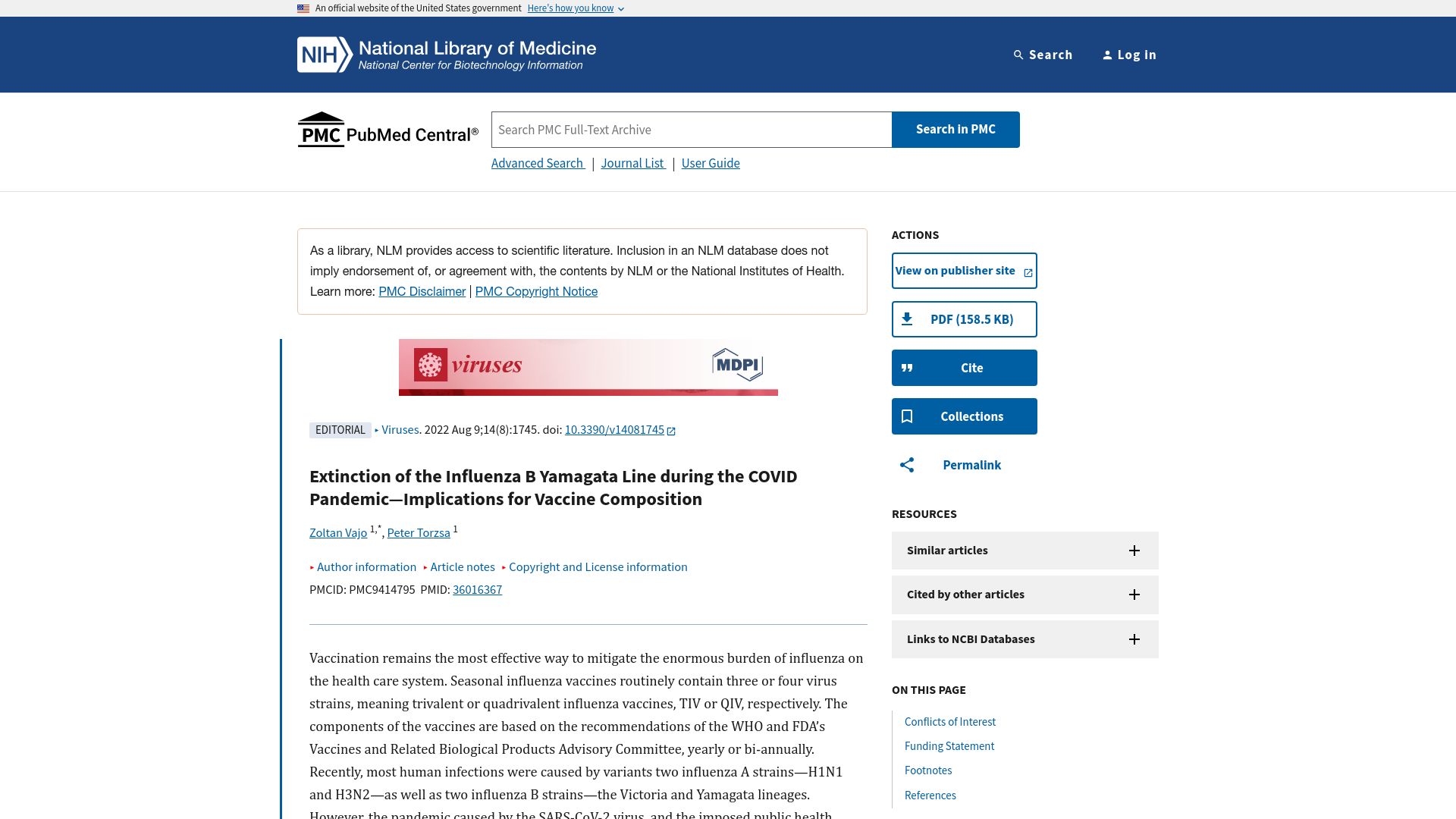 Screenshot of pmc.ncbi.nlm.nih.gov: Extinction of the Influenza B Yamagata line during the Covid pandemic (2022)