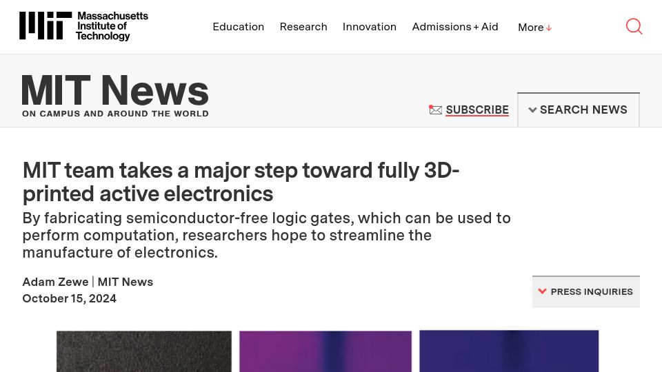 Screenshot of news.mit.edu: A step toward fully 3D-printed active electronics