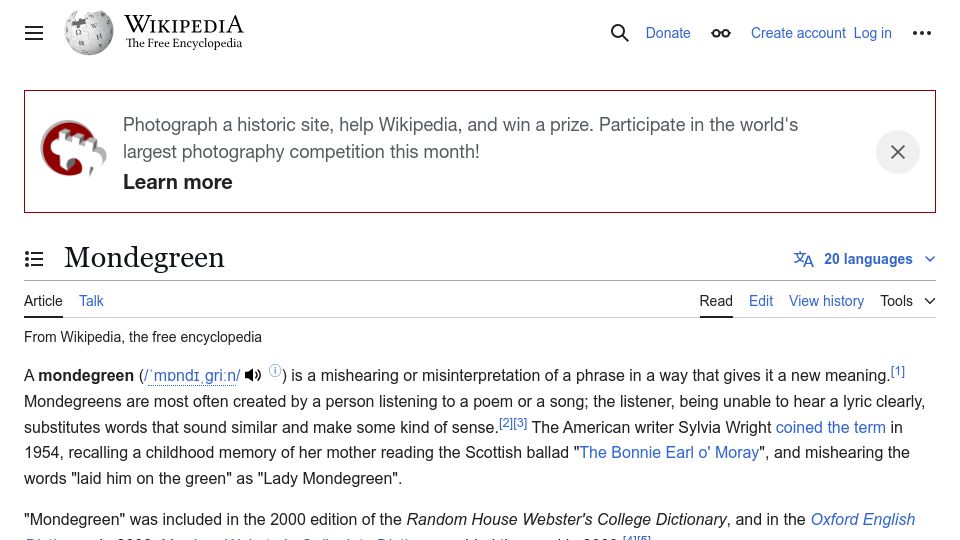 Screenshot of en.wikipedia.org: Mondegreen