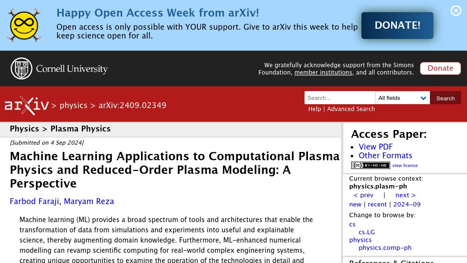 Screenshot of arxiv.org: Machine Learning to Computational Plasma Physics Reduced-Order Plasma Modeling