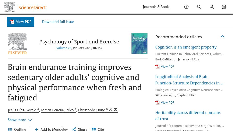 Screenshot of sciencedirect.com: Brain endurance training improves older adults' cognitive, physical performance