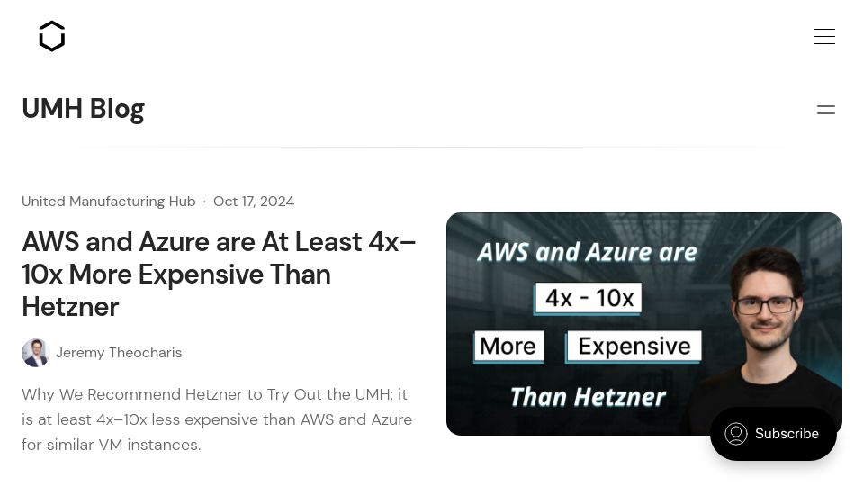 Screenshot of learn.umh.app: AWS and Azure Are at Least 4x–10x More Expensive Than Hetzner