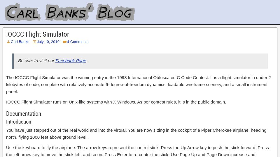 Screenshot of blog.aerojockey.com: IOCCC Flight Simulator (2010)