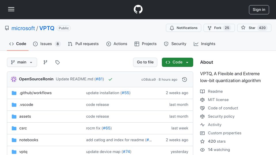 Screenshot of github.com: VPTQ: Extreme low-bit Quantization for real LLMs