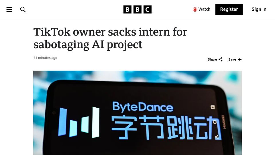 Screenshot of bbc.com: ByteDance sacks intern for sabotaging AI project