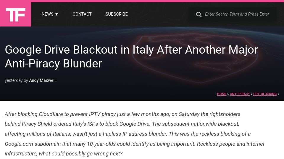 Screenshot of torrentfreak.com: Google Drive Blackout in Italy After Another Major Anti-Piracy Blunder