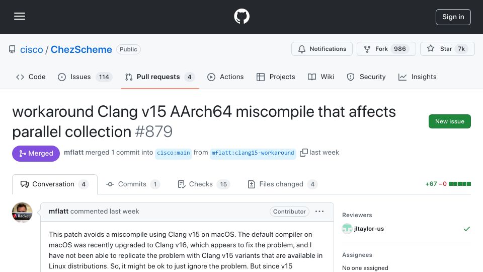 Screenshot of github.com: Workaround Clang v15 AArch64 miscompile that affects parallel collection
