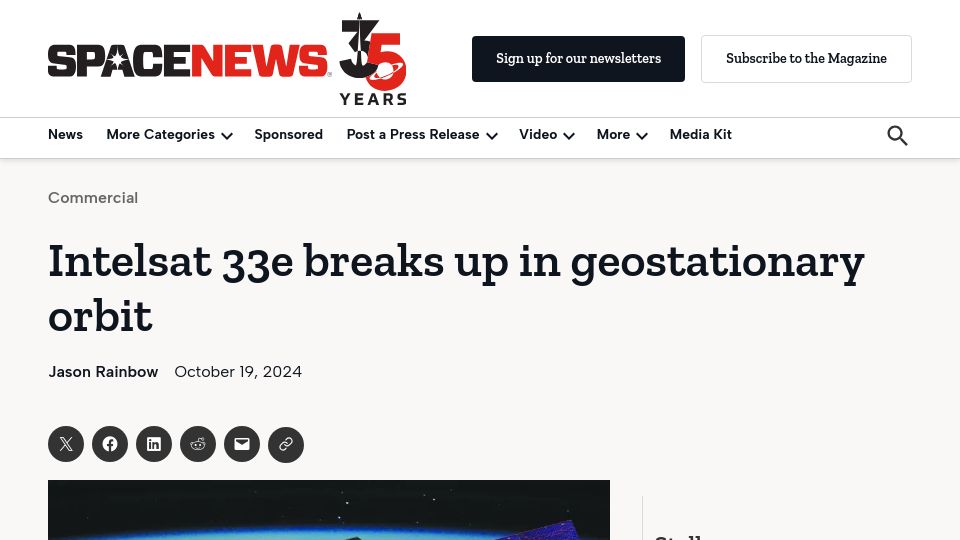 Screenshot of spacenews.com: Intelsat 33e breaks up in geostationary orbit