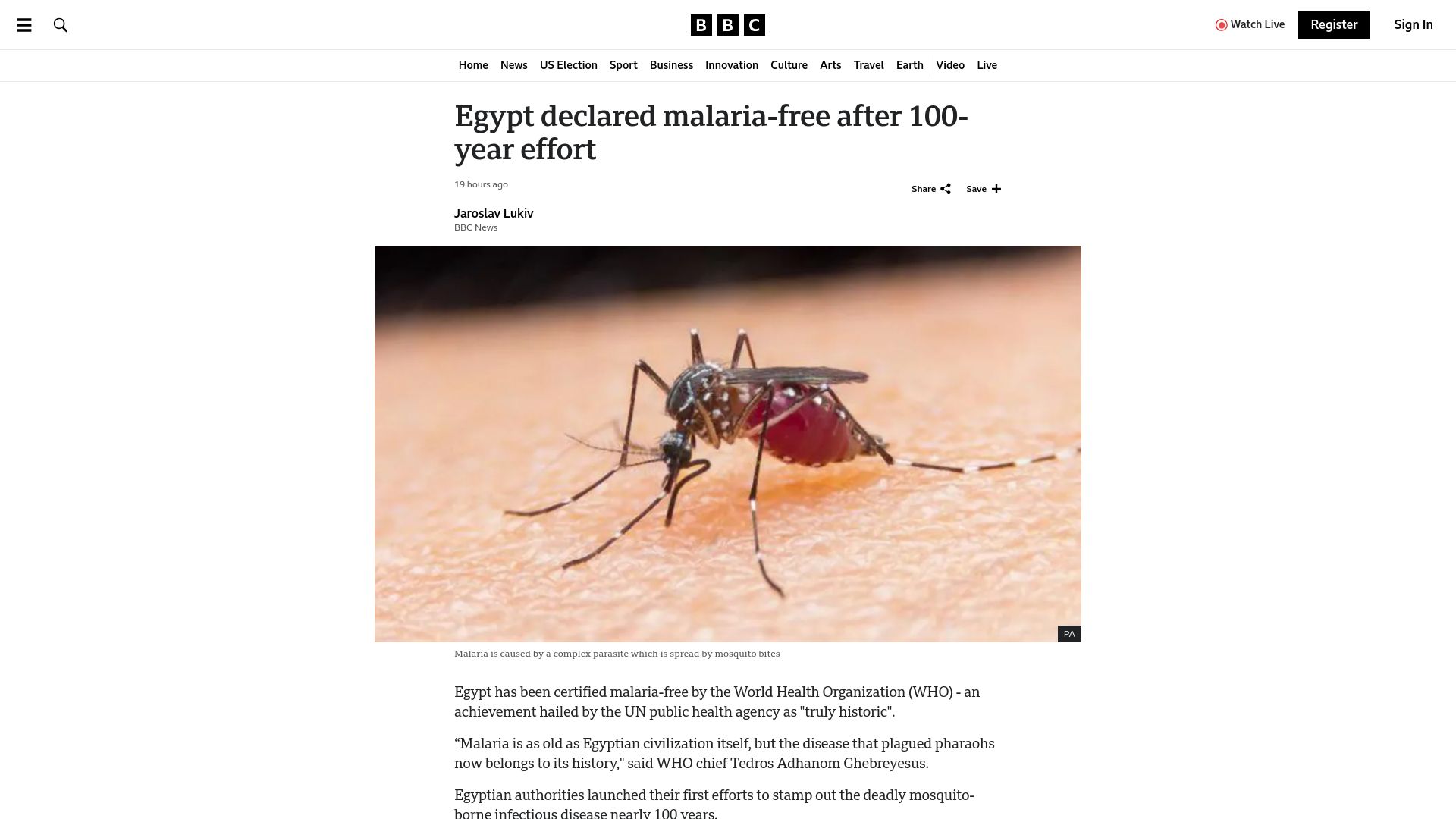 Screenshot of bbc.com: Egypt declared malaria-free after 100-year effort
