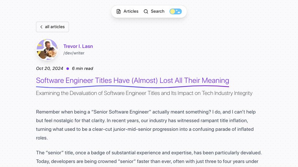 Screenshot of trevorlasn.com: Software engineer titles have almost lost all their meaning