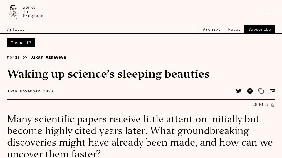 Screenshot of worksinprogress.co: Waking up science's sleeping beauties (2023)