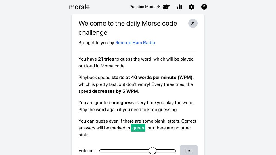 Screenshot of morsle.fun: Morsle – A daily Morse code challenge