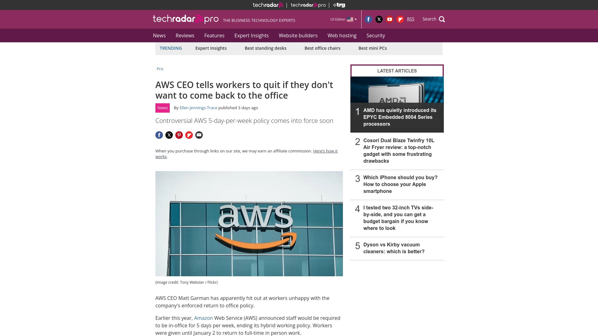 Screenshot of techradar.com: AWS CEO tells workers to quit if they don't want to come back to the office