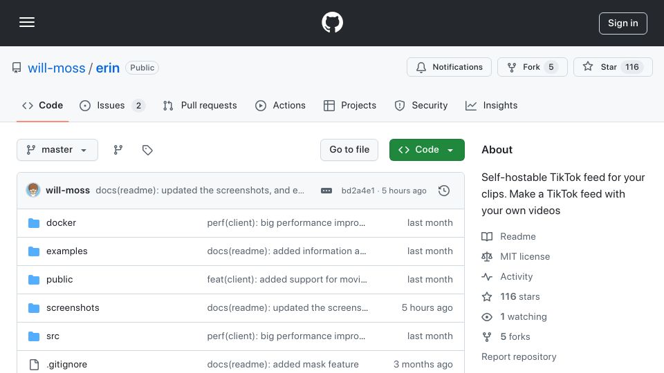 Screenshot of github.com: Show HN: Erin – Open-source and self-hosted TikTok feed for your own videos