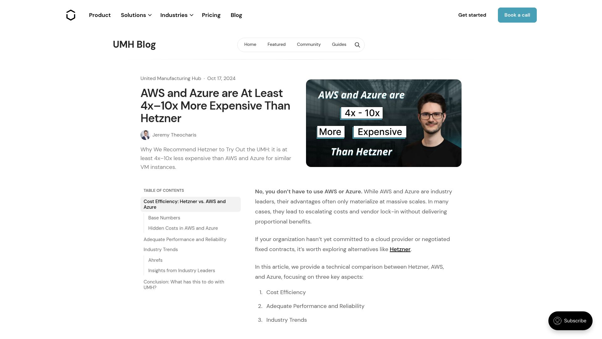 Screenshot of learn.umh.app: AWS and Azure Are at Least 4x–10x More Expensive Than Hetzner