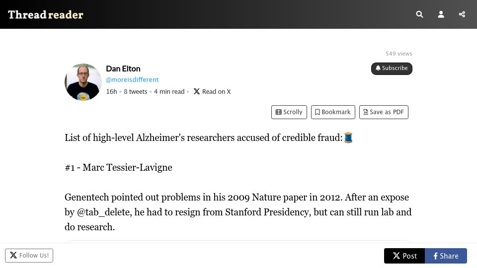 Screenshot of threadreaderapp.com: Six top Alzheimer's researchers accused of fraud