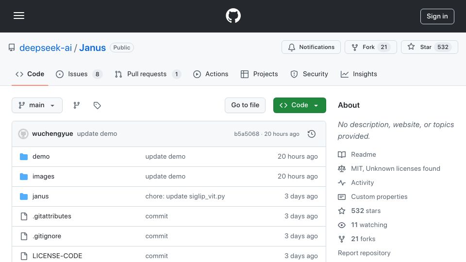 Screenshot of github.com: Janus: Decoupling Visual Encoding for Multimodal Understanding and Generation