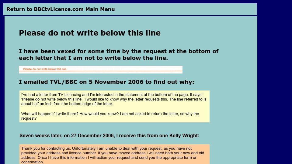 Screenshot of bbctvlicence.com: Please do not write below the line
