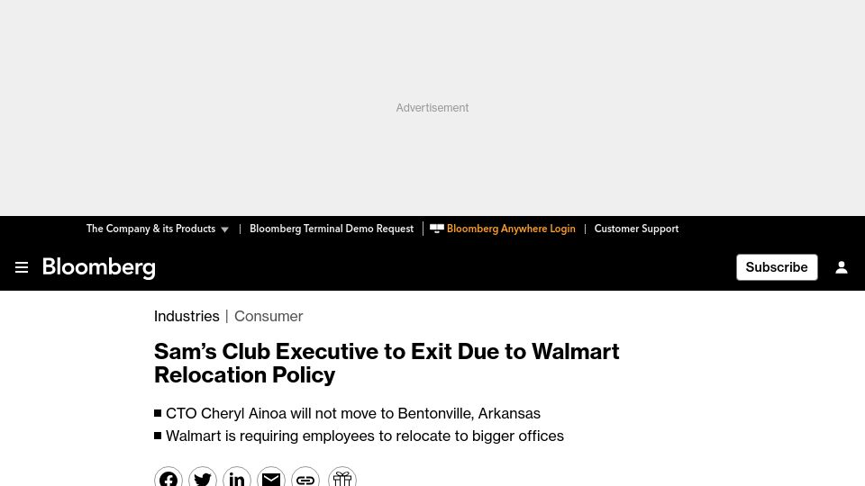 Screenshot of bloomberg.com: Sam's Club CTO to Exit Due to Walmart Relocation Policy