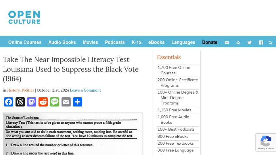 Screenshot of openculture.com: A near impossible literacy test Louisiana used to suppress the black vote