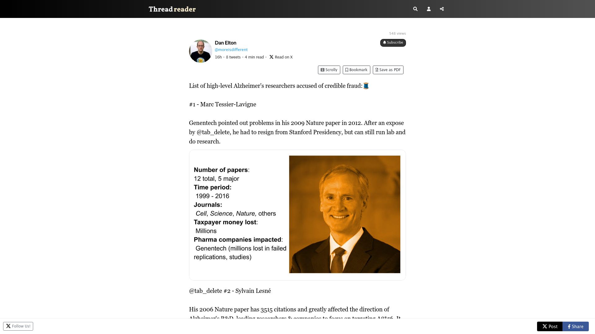 Screenshot of threadreaderapp.com: Six top Alzheimer's researchers accused of fraud