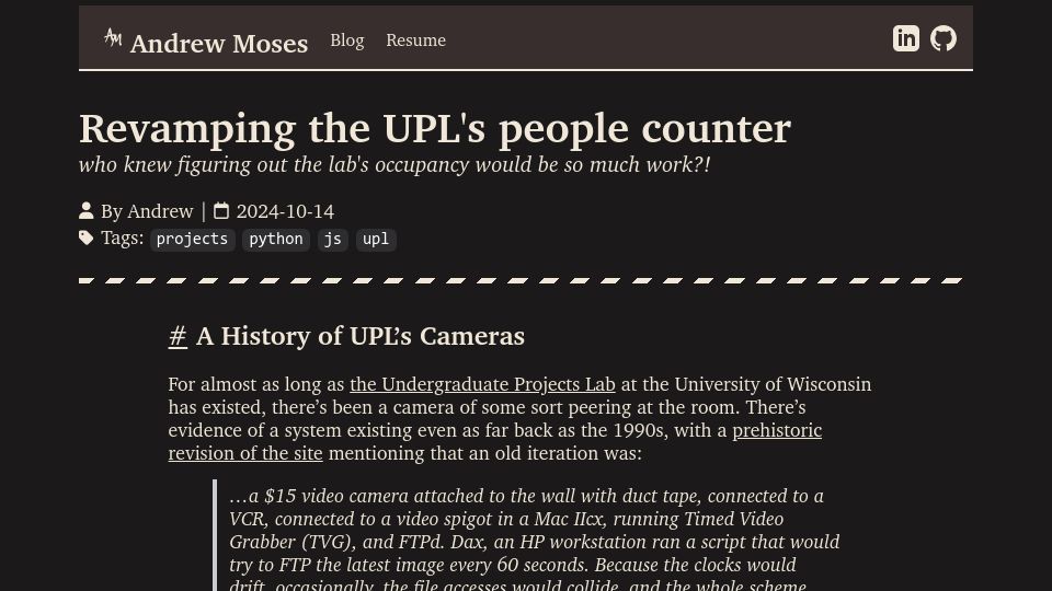 Screenshot of amoses.dev: Overengineering a way to know if people are in my university's CS lab