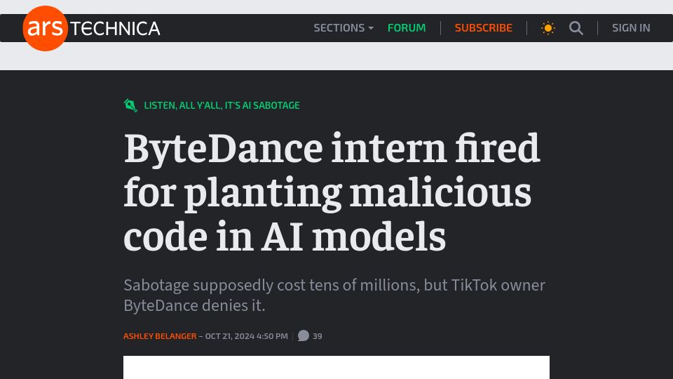 Screenshot of arstechnica.com: ByteDance intern fired for planting malicious code in AI models
