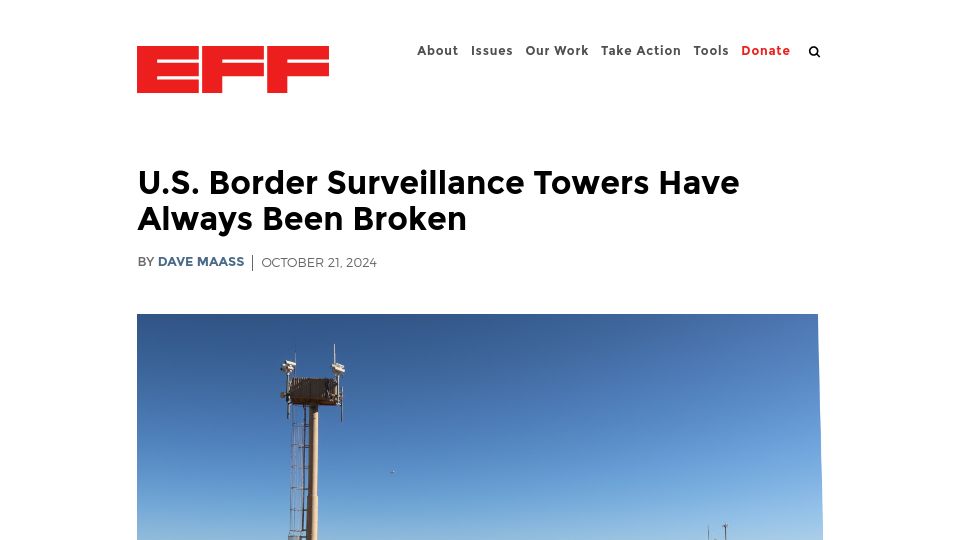 Screenshot of eff.org: U.S. border surveillance towers have always been broken