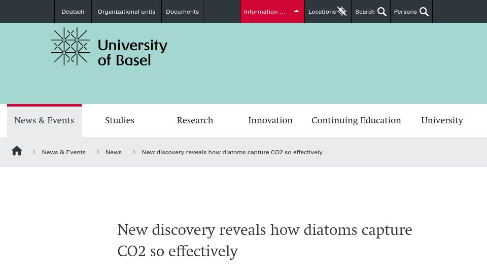 Screenshot of unibas.ch: New discovery reveals how diatoms capture CO2 so effectively