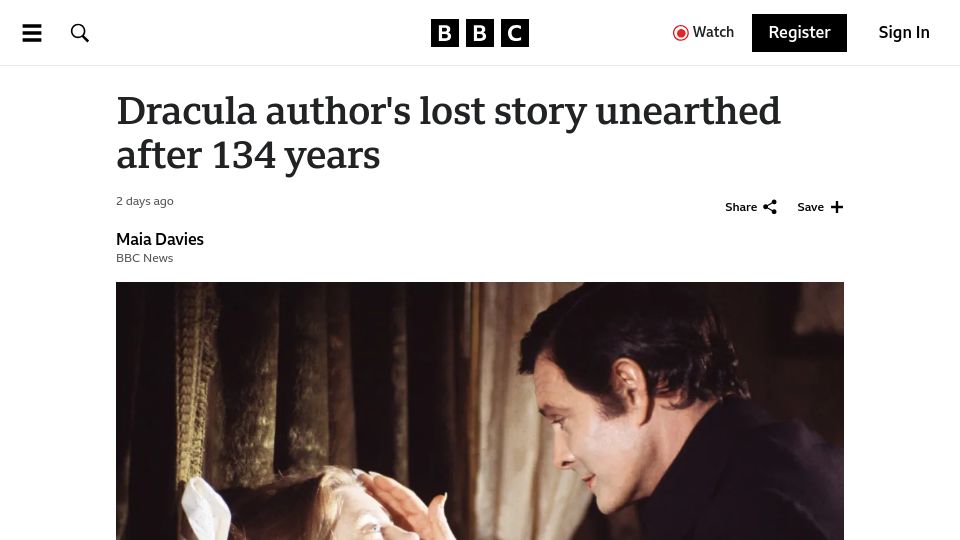 Screenshot of bbc.com: An amateur historian has discovered a long-lost short story by Bram Stoker