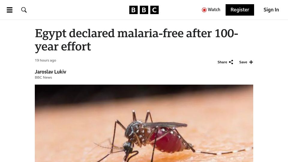 Screenshot of bbc.com: Egypt declared malaria-free after 100-year effort