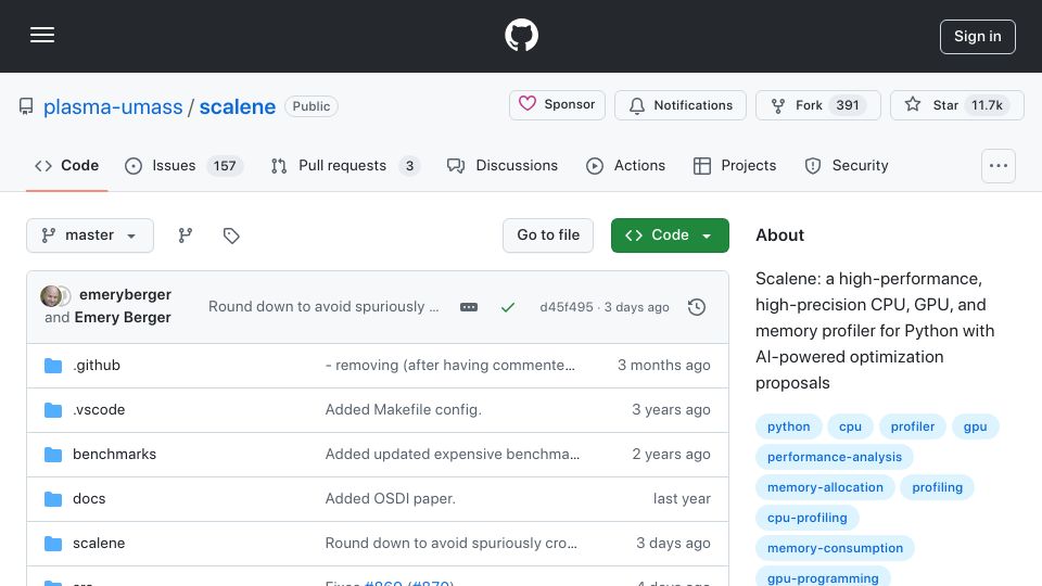Screenshot of github.com: Scalene: A high-performance, high-precision CPU, GPU, memory profiler for Python