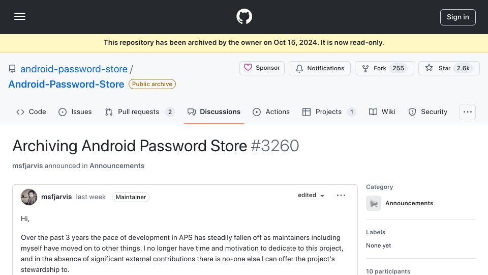 Screenshot of github.com: Android "Password Store" client for pass discontinued