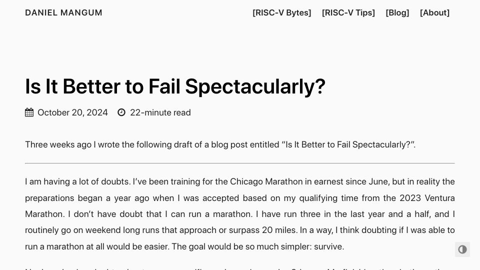 Screenshot of danielmangum.com: Is it better to fail spectacularly?